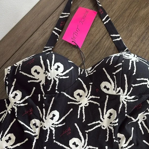 ❌SOLD❌ NWT [Betsey Johnson] Stretchy Black & White Spider Halter Dress Women’s L - Picture 6 of 11
